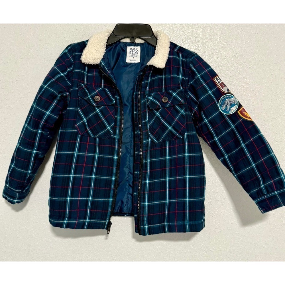 365 Kids Flannel Jacket Kids 7 Navy Blue Excellent Sherpa Collar Plaid Patches